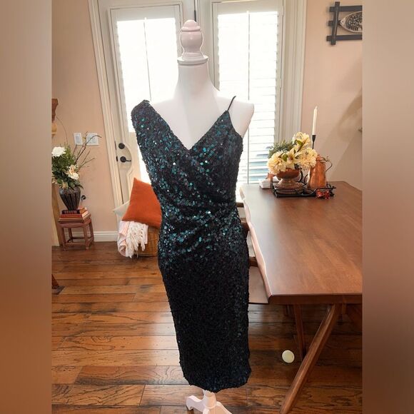 Badgley Mischka Sequin Cocktail Dress Sz 6 Teal Blue V-Neck Sleeveless Party - Picture 11 of 13